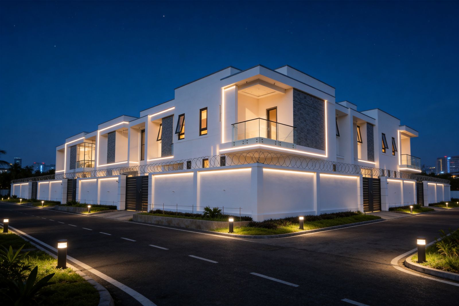 Modern apartment block at dusk