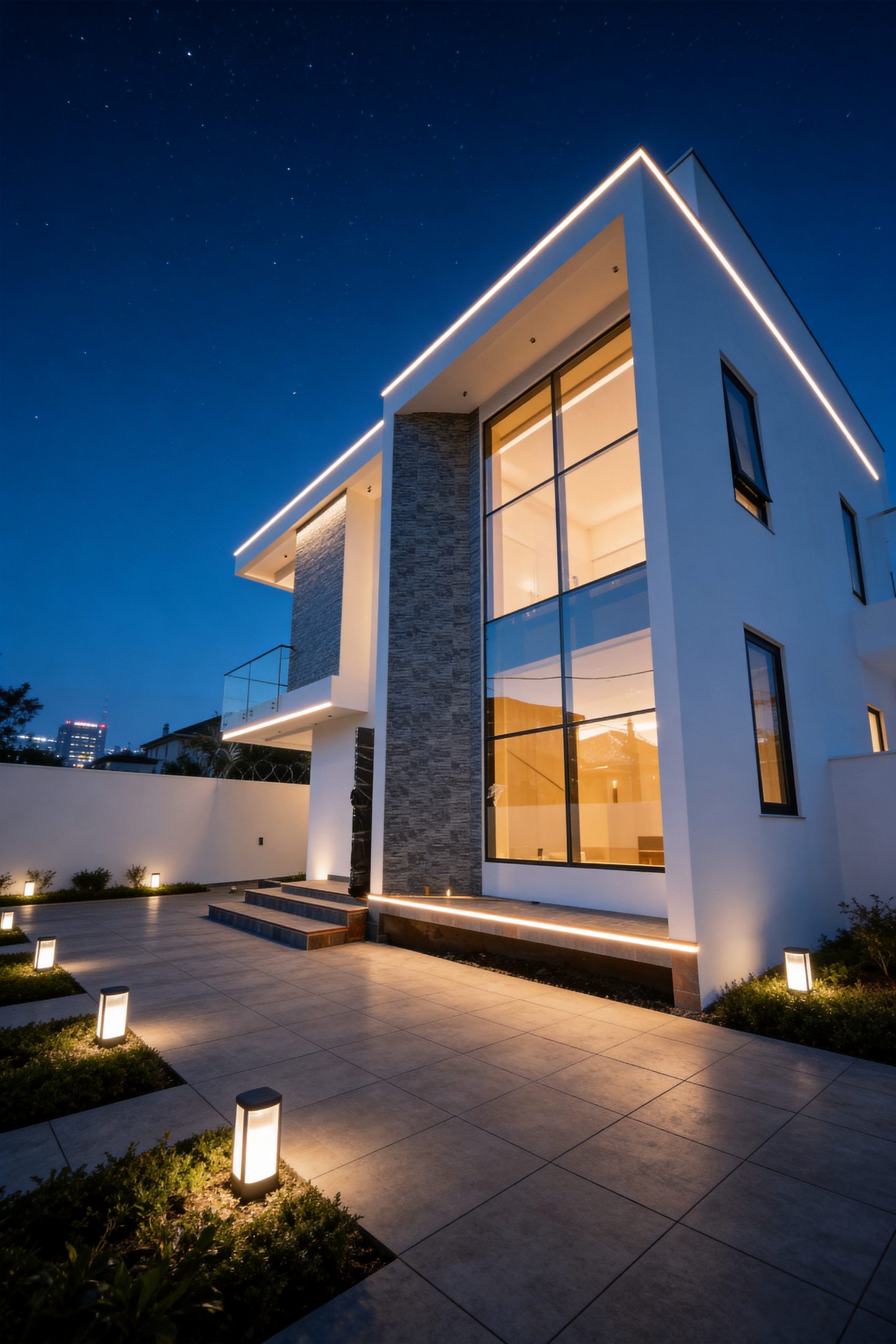 A modern villa in Ghana at dusk, fitted with Baobab Alutech aluminium windows and doors